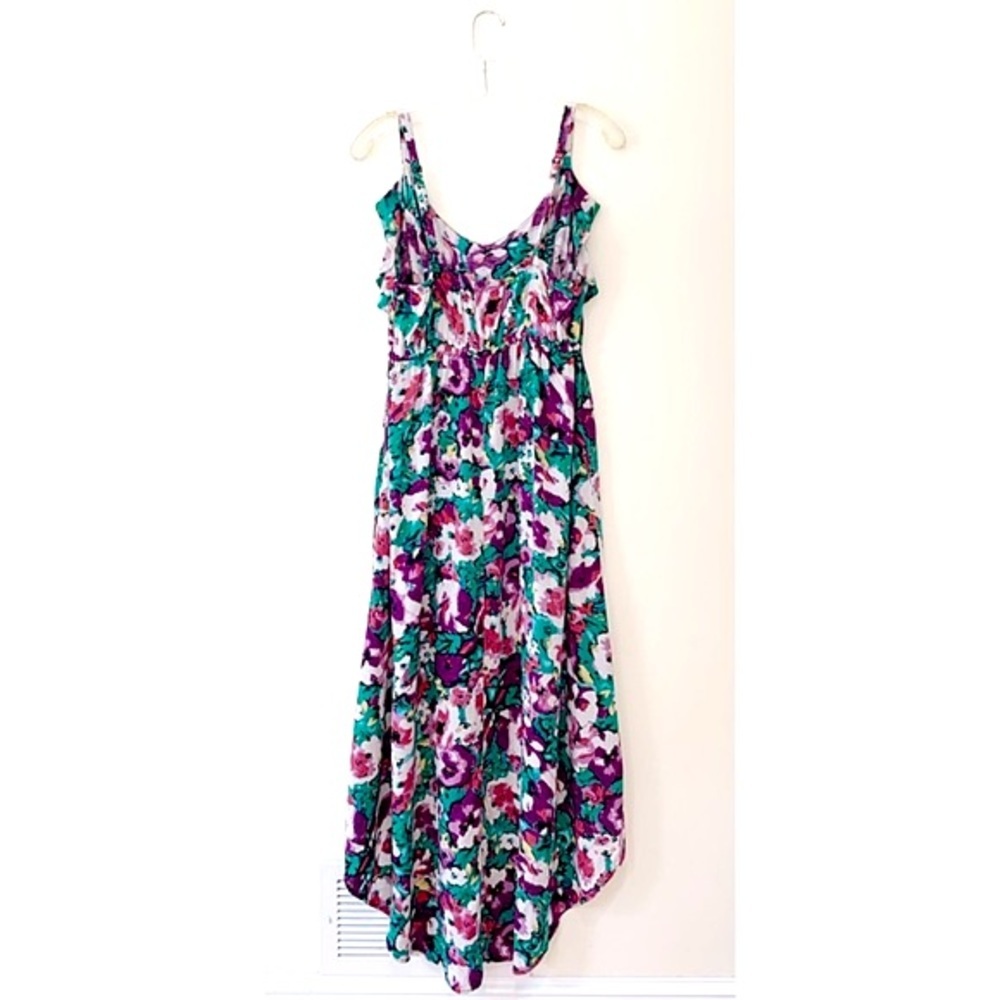 Torrid Sz 1= 14/16 Floral Hi / Lo Dress. Ruffled & Adjustable Straps.